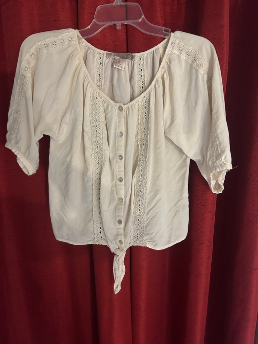 Love 21 Ivory Crochet-Trim Button Tie Blouse
